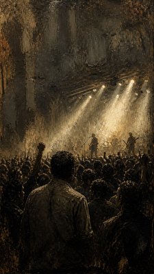 a live music scene with a glowing stage and silhouetted crowd, energetic vertical composition with open space at the top, no text