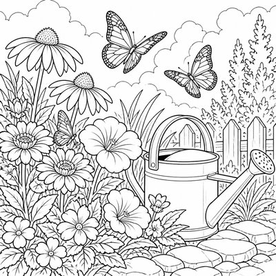 a garden scene with butterflies, flowers and a watering can, clean uncolored line art, no text