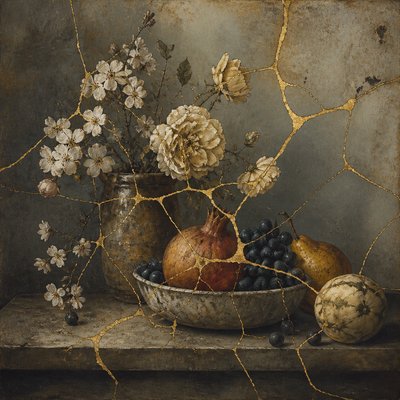 still life arrangement of fruits and flowers