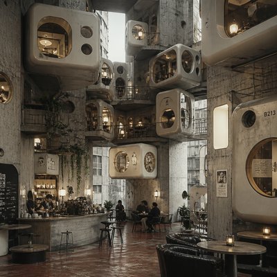 cozy cafe interior with warm lighting