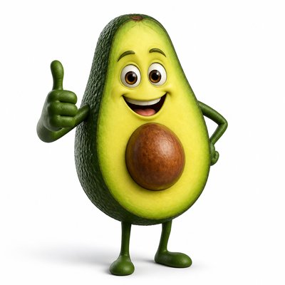 a happy avocado character giving a thumbs up, bold readable design on a plain background, no text