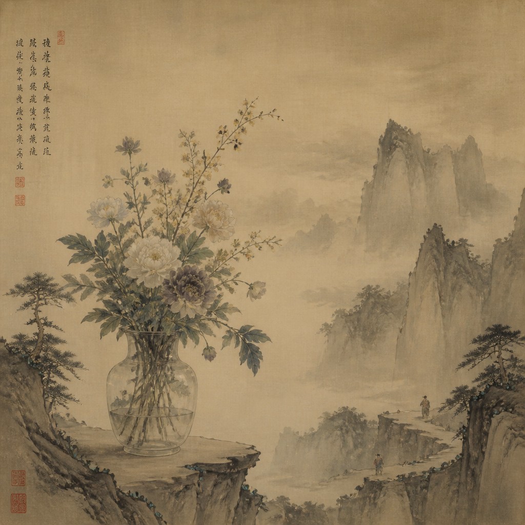 bouquet of flowers in a glass vase — Song Dynasty Ink Painting Style
