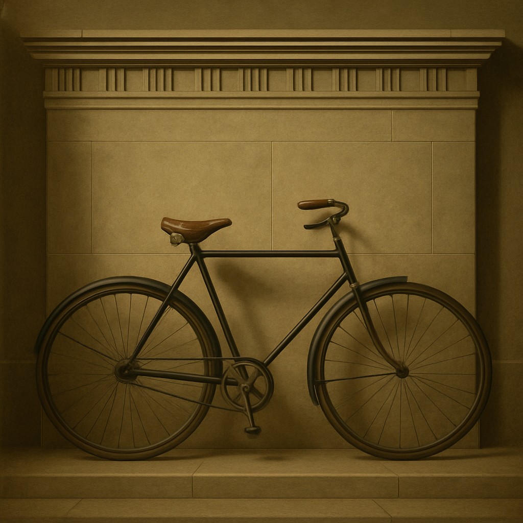 bicyle resting against a wall