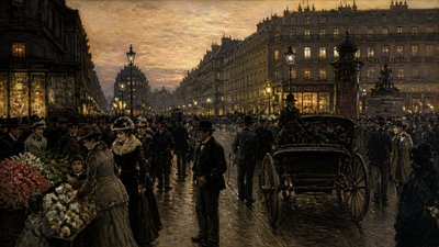 bustling city street panorama at dusk