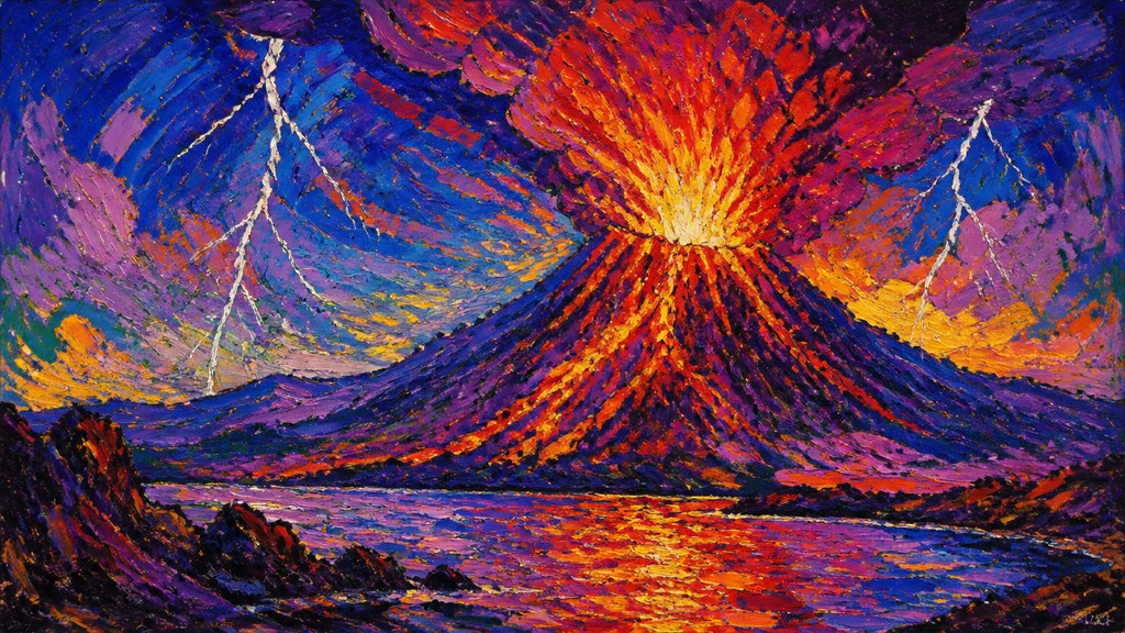 an erupting volcano with lightning strikes, dramatic wide composition, no text