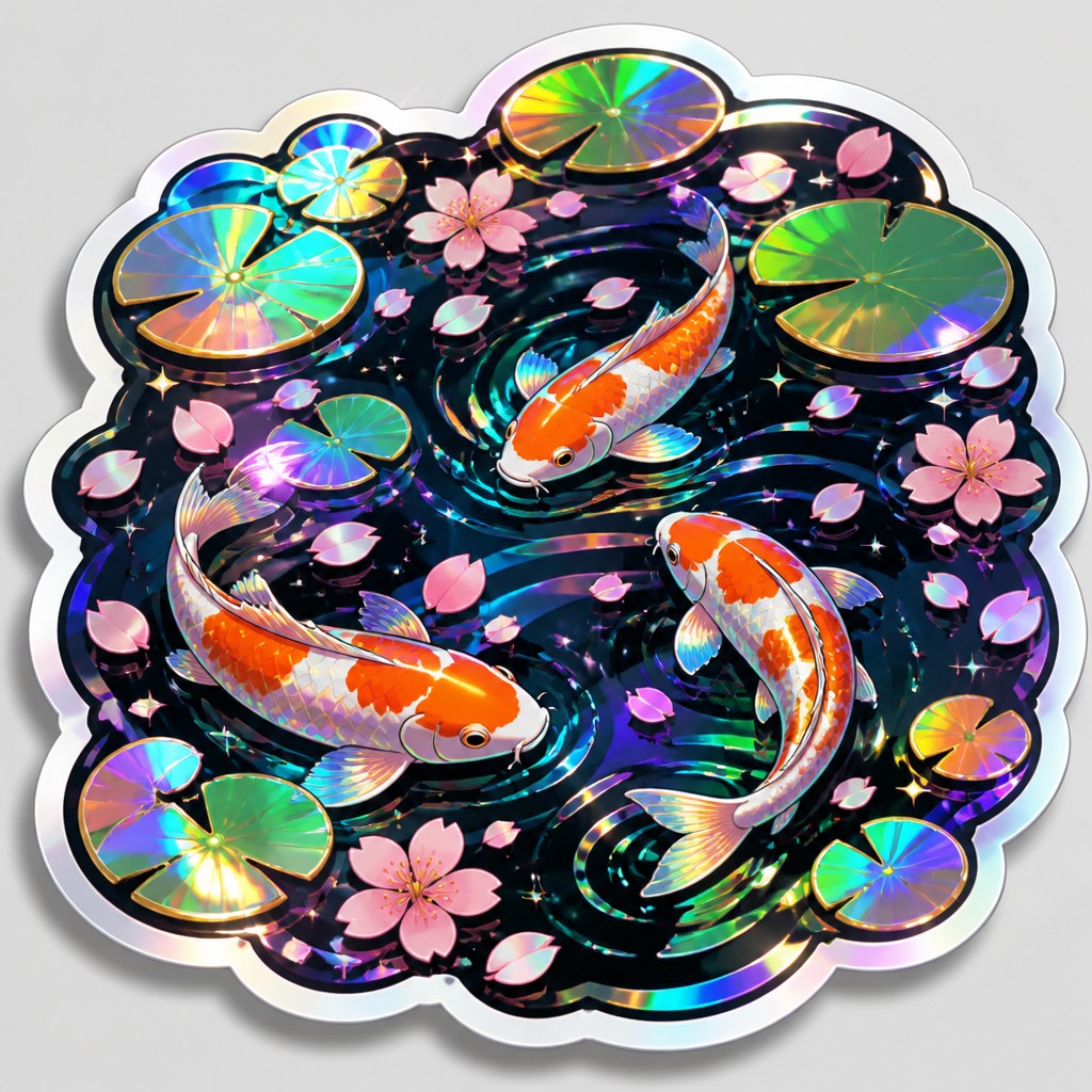 A koi pond seen from above, orange and white koi fish swimming among lily pads, clear water with subtle ripples, fallen cherry blossom petals floating on the surface, dappled sunlight