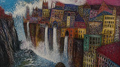 a cliffside city with waterfalls cascading into a misty canyon, wide establishing shot, no people, no text