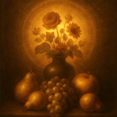 still life arrangement of fruits and flowers