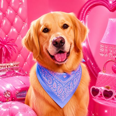 portrait of a golden retriever wearing a blue bandana, warm plain backdrop, no text