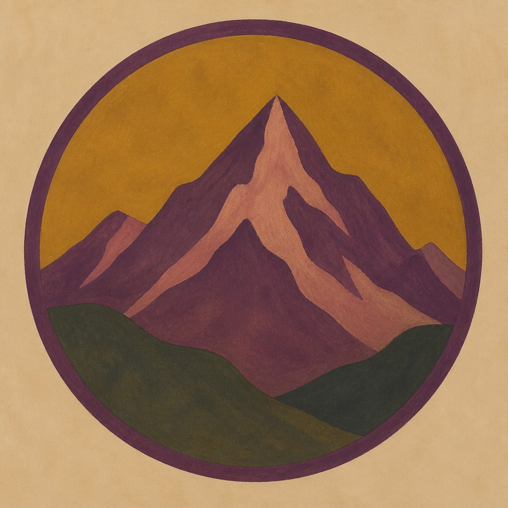 an emblem of a mountain peak inside a circle, simple bold shapes on a plain background, no text or lettering