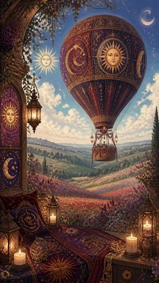 a hot air balloon drifting over rolling flower fields on a sunny day, cheerful, no text