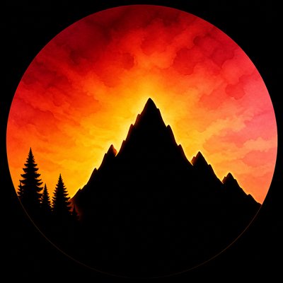 an emblem of a mountain peak inside a circle, simple bold shapes on a plain background, no text or lettering