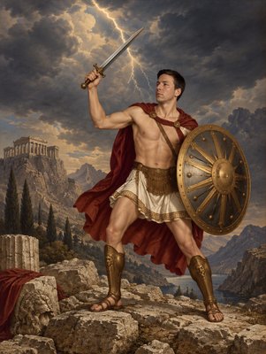a painting of a man holding a sword and a shield