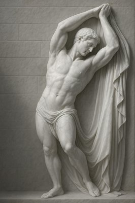 a statue of a man holding a cloth