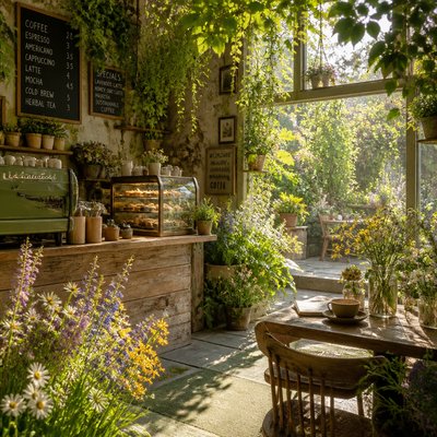 cozy cafe interior with warm lighting