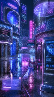 a quiet rainy city street at night reflecting neon signs, no people