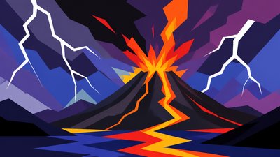 an erupting volcano with lightning strikes, dramatic wide composition, no text