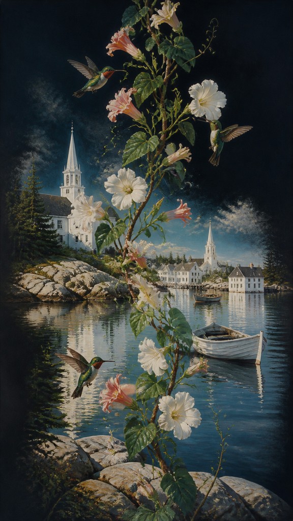 a climbing vine of flowers and hummingbirds on a dark background, tall wrapping composition, no text