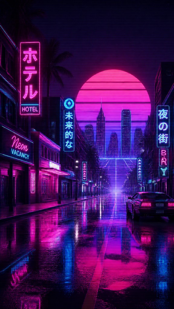 a quiet rainy city street at night reflecting neon signs, no people