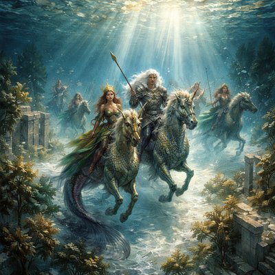 Golden Age Fantasy Illustration Style, Painterly Realism, Crystalline Underwater Photography Aesthetic. A stunning view looking straight down through impossibly clear, glassy ocean water, as if peering over the edge of a ship. Below, on the white sand seabed, are the seaweed-covered ruins of a sunken, ancient civilization.

The Merpeople: A royal hunting party of Narnian Merpeople is riding on seas horses through the submerged streets. They are not gentle, fairy-tale creatures, but possess a wild, fierce majesty. They ride large, powerful, scaled hippocamps (mythical sea-horses).

Key Figures & Details: The Mer-King, with flowing white hair and a stern expression, wears armor crafted from iridescent pearl and abalone shells, brandishing a long spear tipped with gold. The merpeople sit side saddle with their tails on one side of their sea horse. His powerful tail is deep amethyst. A fierce Mer-Queen rides beside him, her colors shimmering emerald and gold. Smaller merfolk follow, shaking spears.

Lighting & Atmosphere: Bright shafts of sunlight pierce the deep water, illuminating the underwater dust motes and making the scales of the merfolk and their mounts sparkle intensely. The mood is silent, ancient, and awe-inspiring.