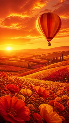 a hot air balloon drifting over rolling flower fields on a sunny day, cheerful, no text