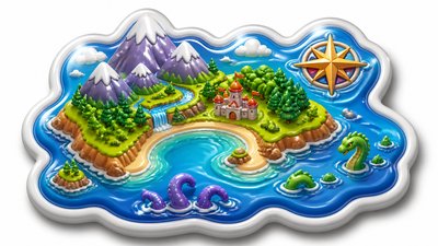 a map of an island realm with mountains, forests, a sheltered bay, sea monsters in the water and a compass rose, no text labels