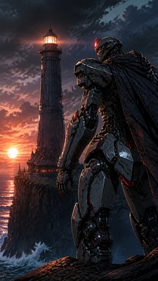 a lone lighthouse on a cliff at dusk under a dramatic sky, no text or lettering