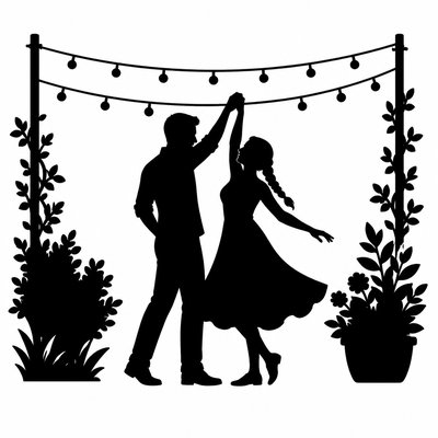 an original couple dancing under string lights in a garden at dusk: a man with short black hair in a linen shirt and a woman with braided red hair in a summer dress