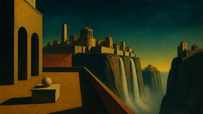 a cliffside city with waterfalls cascading into a misty canyon, wide establishing shot, no people, no text