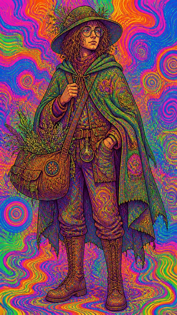 full-body original character: a wandering botanist with a satchel of plants, a patched green cloak, tall boots and round glasses, neutral background
