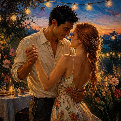 an original couple dancing under string lights in a garden at dusk: a man with short black hair in a linen shirt and a woman with braided red hair in a summer dress