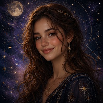 head-and-shoulders portrait of an original character: a young woman with wavy chestnut hair and a warm smile, plain soft backdrop