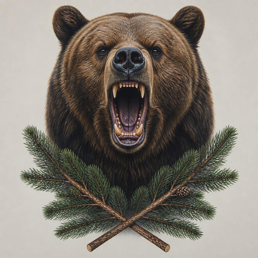 a roaring bear head above crossed pine branches, bold graphic composition on a plain background, no text