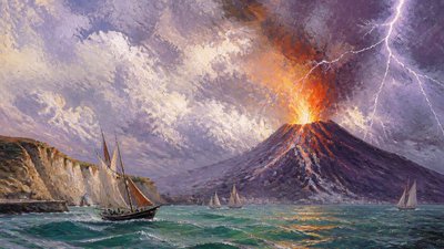 an erupting volcano with lightning strikes, dramatic wide composition, no text