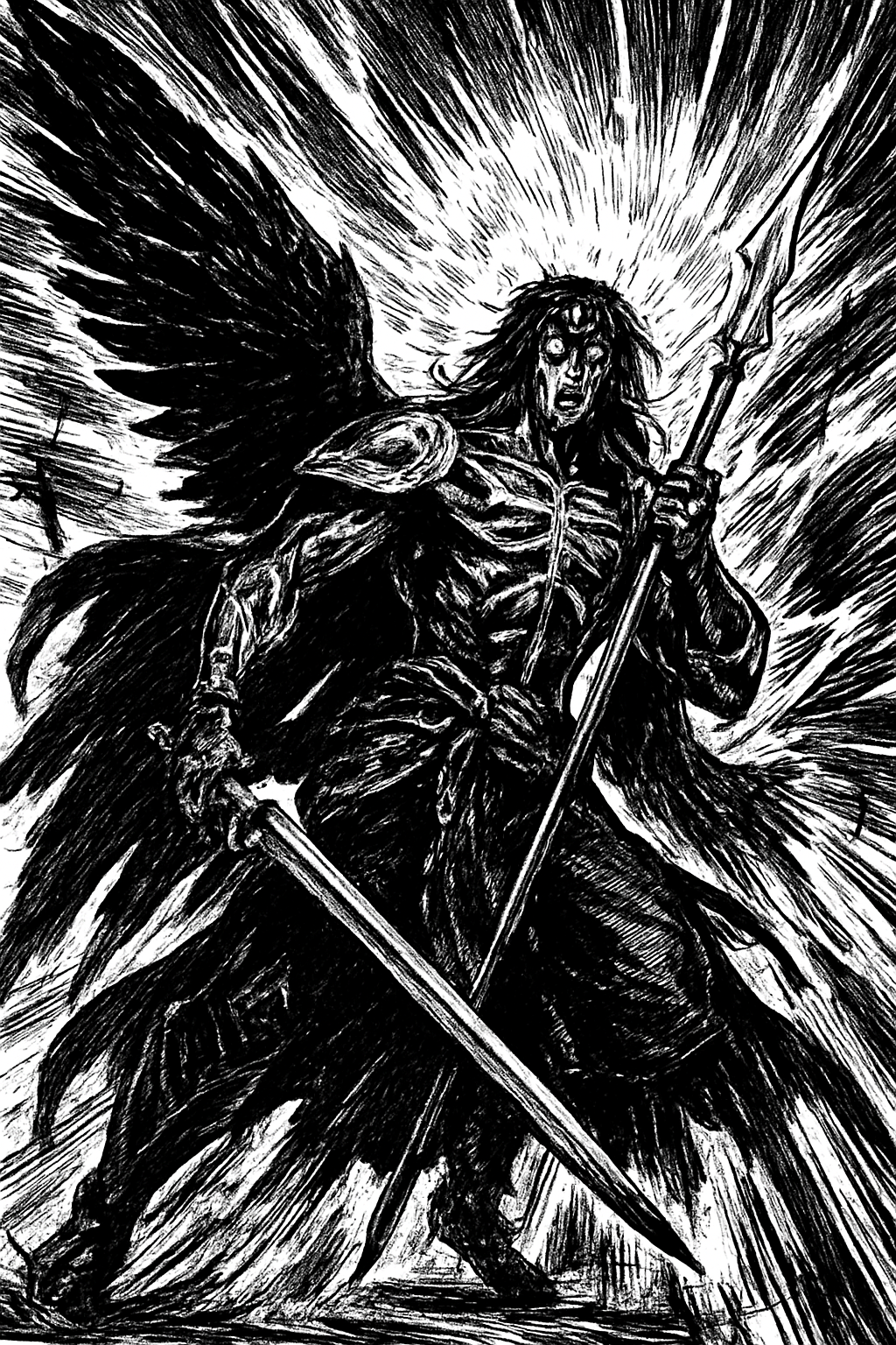 a black and white drawing of a skeleton holding a sword