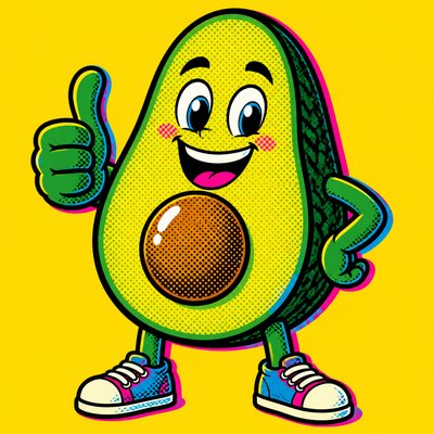 a happy avocado character giving a thumbs up, bold readable design on a plain background, no text