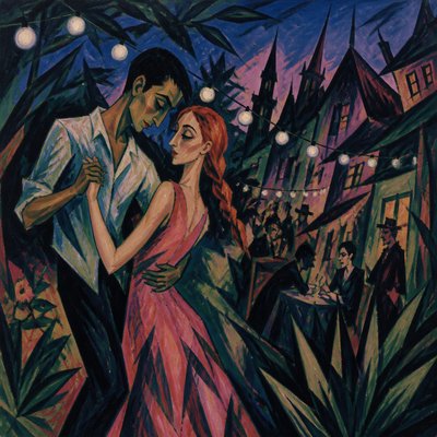 an original couple dancing under string lights in a garden at dusk: a man with short black hair in a linen shirt and a woman with braided red hair in a summer dress