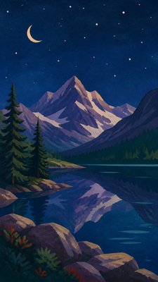 a tranquil mountain lake beneath a starry night sky, no people, no text