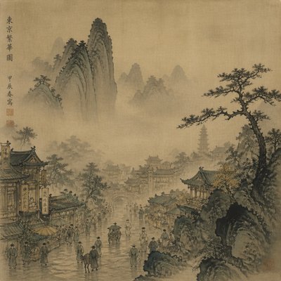 urban street with city activity — Song Dynasty Ink Painting Style