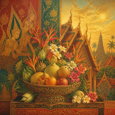 still life arrangement of fruits and flowers