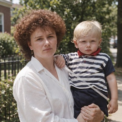 a woman holding a small boy in her arms