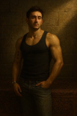 a painting of a man standing in front of a brick wall