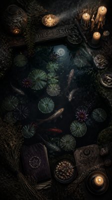 a koi pond with lily pads seen from above, no people