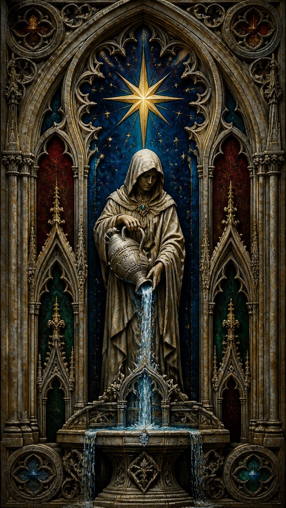 a robed figure pouring water beneath a large eight-pointed star in a night sky, symmetrical composition with an ornate decorative border, no text