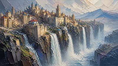 a cliffside city with waterfalls cascading into a misty canyon, wide establishing shot, no people, no text