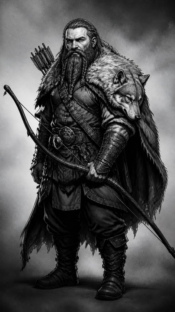 full-body original character: a dwarven ranger with a braided auburn beard, worn leather armor, a longbow and a wolf-pelt cloak, neutral background, no text