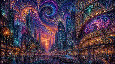 bustling city street panorama at dusk