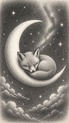a sleeping baby fox curled on a crescent moon among soft stars, gentle and warm, no text