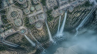 a cliffside city with waterfalls cascading into a misty canyon, wide establishing shot, no people, no text