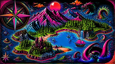 a map of an island realm with mountains, forests, a sheltered bay, sea monsters in the water and a compass rose, no text labels